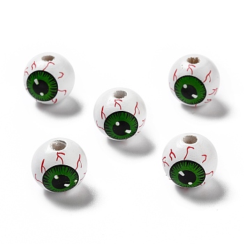 Halloween Spray Painted Wood Beads, Round with Green Eye Pattern, White, 15.5~16x14.5~15mm, Hole: 4mm