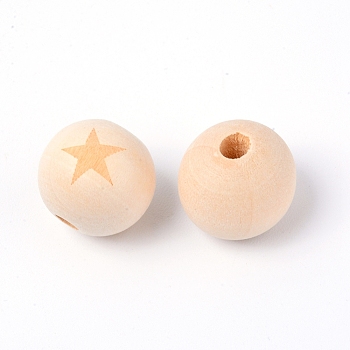 Natural Theaceae Wood Beads, Laser Engraved, Round with Star Pattern, BurlyWood, 19.5mm, Hole: 5mm