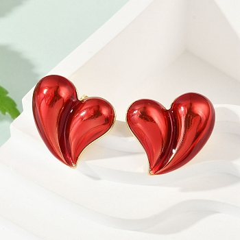 Brass Enamel Stud Earrings for Women, Heart, Real 18K Gold Plated, 19.5x22.5mm