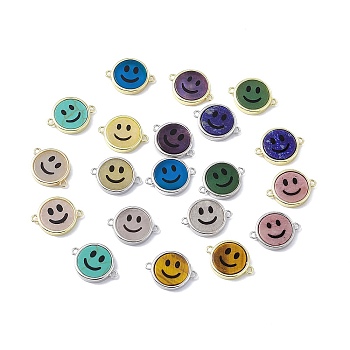 Natural & Synthetic Mixed Stone Connector Charms, Flat Round with Smiling Face Links, with Rack Plating Platinum & Golden Tone Brass Findings, Cadmium Free & Lead Free, Mixed Dyed and Undyed, 15.5x20x3mm, Hole: 1.6mm