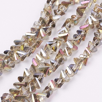 Electroplate Glass Beads Strands, Half Rainbow Plated, Faceted, Triangle, Dark Khaki, 4.5x5x6mm, Hole: 1mm, about 100pcs/strand, 13.7 inch(35cm)