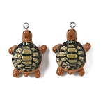 Opaque Resin Pendants, Tortoise Charms, with Platinum Tone Iron Loops, Sienna, 34~34.5x24.5x15mm, Hole: 2mm(RESI-G129-05)
