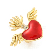 Rack Plating Brass Clear Cubic Zirconia Open Cuff Rings, Enamel Sacred Heart Ring for Women, Cadmium Free & Lead Free, Long-Lasting Plated, Real 18K Gold Plated, FireBrick, Adjustable, heart: 34x38mm(RJEW-S411-01G-10)