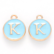 Golden Plated Alloy Enamel Charms, Cadmium Free & Lead Free, Enamelled Sequins, Flat Round, Sky Blue, Letter.K, 14x12x2mm, Hole: 1.5mm(ENAM-S118-04K)