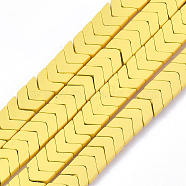 Spray Painted Non-magnetic Synthetic Hematite Beads Strands, Matte Style, Arrow/Chevron, Yellow, 7x8x3mm, Hole: 0.7mm, about 96pcs/strand, 15.9 inch(G-T116-26-24)