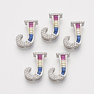 Brass Cubic Zirconia Slide Charms, Real Platinum Plated, Colorful, Letter, Letter.J, 18x14x5mm, Hole: 1.5x4mm and 1.5x6.5mm(ZIRC-S063-01J-P)