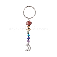 Natural Gemstone Chips Keychains, Alloy Charms Keychains with Iron Split Key Rings, Moon, 9cm, Charm: 17x11x1mm(KEYC-JKC00474-02)