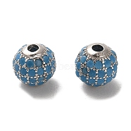 Rhodium Plated 925 Sterling Silver Micro Pave Cubic Zirconia Beads, Round, Real Platinum Plated, Deep Sky Blue, 6x5.5mm, Hole: 1.4mm(STER-H110-24A-02P)