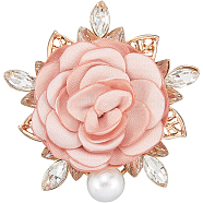 Cloth Flower Brooch, with Alloy Pin, Rhinestone amd ABS Plastic, Misty Rose, 52.5x52x21mm(JEWB-WH20001-03C)