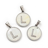 304 Stainless Steel with White Shell Pendants, Stainless Steel Color, Flat Round with Letter Charm, Letter.L, 18x16x1.5mm, Hole: 3x6mm(STAS-G268-01L-P)
