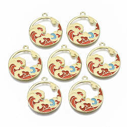 Chinese Style Alloy Pendants, with Enamel, Flat Round with Wave, Cadmium Free & Lead Free, Red, Light Gold, 28x25x1.5mm, Hole: 2mm(X-RESI-R431-08-RS)