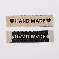 Woven Sewing Labels, Cloth Labels, for Sewing, Knitting, Crafts, Word Handmade with Heart, Camel, 15x60x0.5mm(FIND-TAC0005-02C)