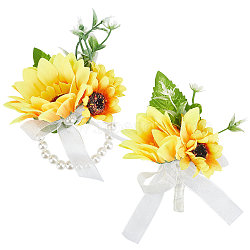 Silk Cloth Imitation Flower Wrist, with Artificial Silk Sunflower Boutonniere Brooch, for Wedding, Party Decorations, Orange, Stretch Bracelets: 120x115x58mm, 1pc; Brooch: about 60x100x65mm, pin: 1mm, 1pc(AJEW-CP0001-38)