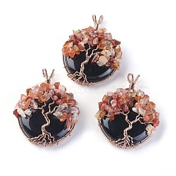 Natural Obsidian & Carnelian Big Pendants, with Rose Gold Tone Brass Findings, Flat Round with Tree of Life, 58~61.5x44~48x14~16.5mm, Hole: 4~5x3.5~6mm(G-G771-B02)