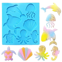 Ocean Theme Mixed Marine Organism DIY Pendant Silhouette Silicone Molds, Resin Casting Molds, for UV Resin & Epoxy Resin Jewelry Making, Deep Sky Blue, 135x121x5mm(DIY-Q034-04)