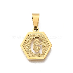 304 Stainless Steel Charms, Real 18K Gold Plated, Hexagon with Letter Charm, Letter G, 15x14x1.5mm, Hole: 3x5.5mm(STAS-H227-01G-G)