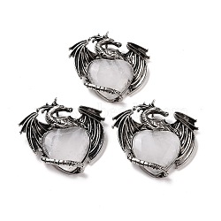 Natural Quartz Crystal Pendants, Heart Charms, with Rack Plating Antique Silver Tone Alloy Dragon Findings, 51~52.5x55x10.5~11mm, Hole: 7x4.5mm(G-A207-03AS-03)