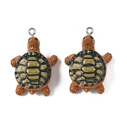 Opaque Resin Pendants, Tortoise Charms, with Platinum Tone Iron Loops, Sienna, 34~34.5x24.5x15mm, Hole: 2mm(RESI-G129-05)
