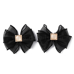 Polyester Tulle Bowknot Shoe Decorations, Detachable Shoe Buckle Clips, with Light Gold Plated Iron Findings, Black, 99x108x13mm(FIND-WH0002-44A)