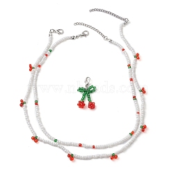 Glass Seed Beaded Cherry Jewelry Set, Beaded Necklaces & Pendant Decoration, Red, 14.96~16.73 inch(38~42.5cm), 35x20x8mm(NJEW-JN04647)