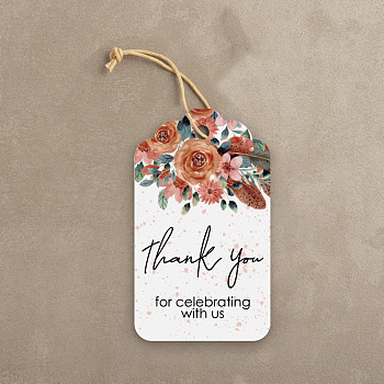 Thanksgiving Themed Paper Hang Gift Tags, with Hemp Cord, Flower Pattern, Tags: 7x4cm, 50pcs/bag