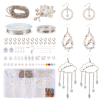 DIY Wire Wrap Earring Making Kit, Including Glass Round & Teardrop Beads, Brass Earring Hooks, Copper Jewelry Wire, Iron Cable Chains, Clear