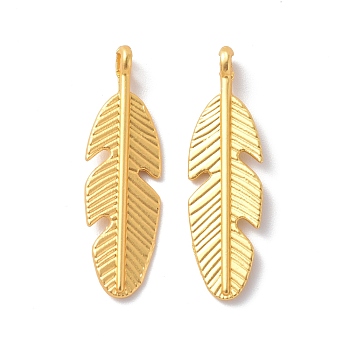 Rack Plating Alloy Pendants, Cadmium Free & Lead Free & Nickle Free, Feather Charm, Matte Gold Color, 28.5x8.5x2mm, Hole: 1.8mm