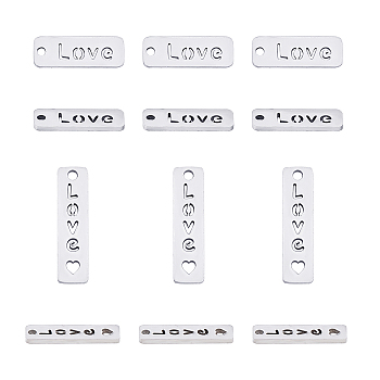 304 Stainless Steel Pendants, Rectangle with Word Love, Stainless Steel Color, 17~20x5~6x1mm, Hole: 1.5mm, 20pcs/box