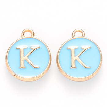 Golden Plated Alloy Enamel Charms, Cadmium Free & Lead Free, Enamelled Sequins, Flat Round, Sky Blue, Letter.K, 14x12x2mm, Hole: 1.5mm