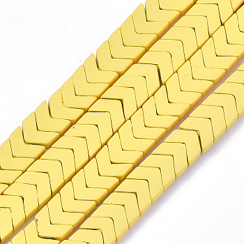 Spray Painted Non-magnetic Synthetic Hematite Beads Strands, Matte Style, Arrow/Chevron, Yellow, 7x8x3mm, Hole: 0.7mm, about 96pcs/strand, 15.9 inch
