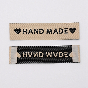 Woven Sewing Labels, Cloth Labels, for Sewing, Knitting, Crafts, Word Handmade with Heart, Camel, 15x60x0.5mm