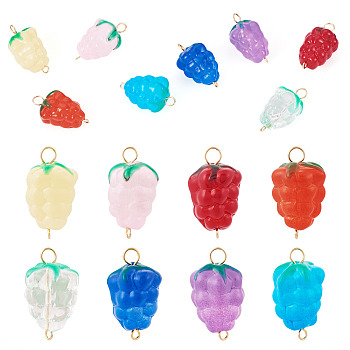 8Pcs 8 Styles Handmade Lampwork Grapes Connector Charms, with Golden Tone 304 Stainless Steel Double Loops, Mixed Color, 22mm, 1pc/color