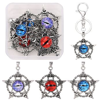 6Pcs 3 Colors Glass Pendants, with Antique Silver Plated Alloy Findings, Star with Evil Eye, Mixed Color, 47x44x9mm, Hole: 7x4mm, 2pcs/color