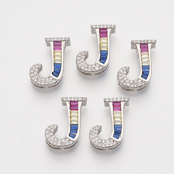 Brass Cubic Zirconia Slide Charms, Real Platinum Plated, Colorful, Letter, Letter.J, 18x14x5mm, Hole: 1.5x4mm and 1.5x6.5mm