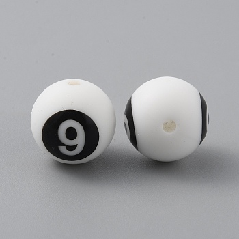 Silicone Beads, Chewing Beads For Teethers, DIY Nursing Necklaces and Bracelets Making, White Round with Black Numbers, Num.9, 13.5mm, Hole: 2.2mm