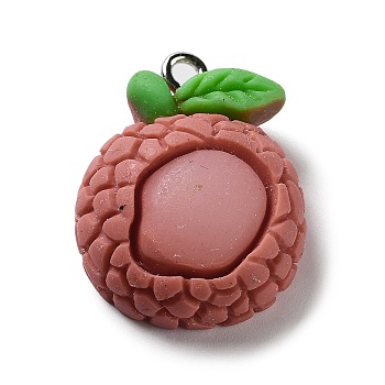 Fruits Opaque Resin Pendants, with Platinum Plated Iron Loops, Litchi, 24x18.5x8.5mm, Hole: 2mm