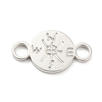 304 Stainless Steel Connector Charms, Flat Round with Compass, Stainless Steel Color, 11x19x1.5mm, Hole: 3mm