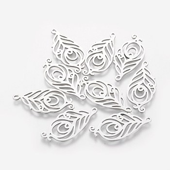 201 Stainless Steel Pendants, Feather, Stainless Steel Color, 30x14x1.1mm, Hole: 1mm