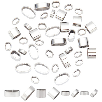 40Pcs 4 Styles 304 Stainless Steel Slide Charms/Slider Beads, For Leather Cord Bracelets Making, Oval, Stainless Steel Color, 3.1~8x8.2~15x5.6~9.2mm, Hole: 6~12.5x3~6.5mm, 10pcs/style