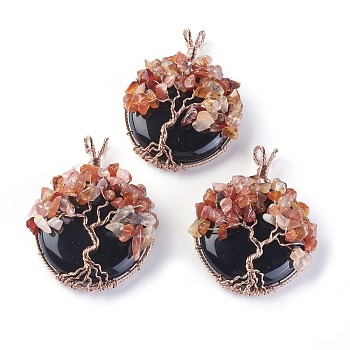 Natural Obsidian & Carnelian Big Pendants, with Rose Gold Tone Brass Findings, Flat Round with Tree of Life, 58~61.5x44~48x14~16.5mm, Hole: 4~5x3.5~6mm