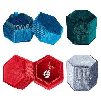 Nbeads 4Pcs 4 Colors Velvet Jewelry Box, with Linen and PU Leather, for Ring & Necklace Box, Hexagon, Mixed Color, 5.55x6.3x5.8cm, Inner Diameter: 4.3x5cm, 1pc/color