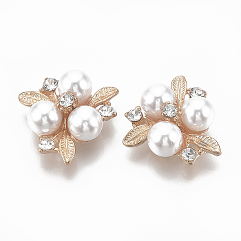 Alloy Cabochons, with Rhinestone and ABS Plastic Imitation Pearl, Flower, Creamy White, Light Gold, 23x23x9mm