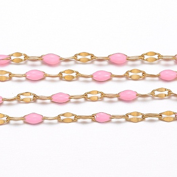 Ion Plating(IP) 304 Stainless Steel Link Chains, with Spool, with Enamel, Soldered, Pearl Pink, 4~10x2x0.4~2mm, about 32.8 Feet(10m)/roll