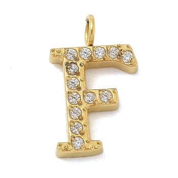 Ion Plating(IP) 304 Stainless Steel Micro Pave Cubic Zirconia Pendants, Golden, Letter A~Z Charms, Letter F, 12.5x7.5x2mm, Hole: 2mm