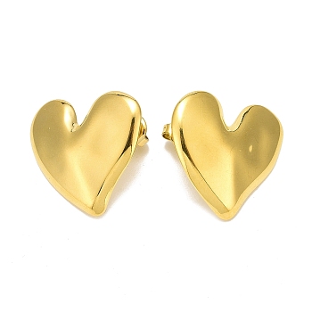 Ion Plating(IP) 304 Stainless Steel Stud Earrings, Heart, Real 14K Gold Plated, 22x23mm