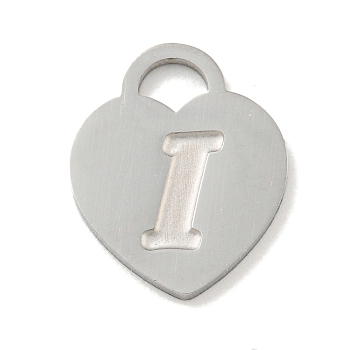 304 Stainless Steel Pendants, Laser Cut, Heart with Letter Charm, Stainless Steel Color, Letter I, 15x12x1mm, Hole: 3x3.5mm