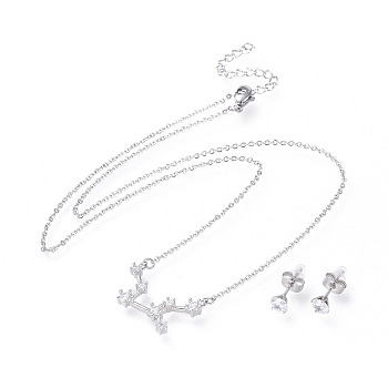 304 Stainless Steel Jewelry Sets, Brass Micro Pave Cubic Zirconia Pendant Necklaces and 304 Stainless Steel Stud Earrings, with Ear Nuts/Earring Back, Twelve Constellations, Clear, Virgo, 465x1.5mm