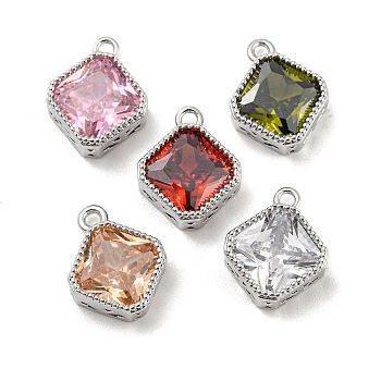Glass Pendants, with Brass Findings, Rhombus Charms, Real Platinum Plated, 12x10x4mm, Hole: 1.4mm