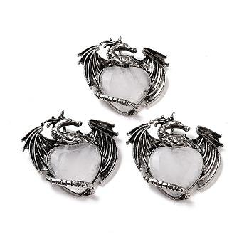 Natural Quartz Crystal Pendants, Heart Charms, with Rack Plating Antique Silver Tone Alloy Dragon Findings, 51~52.5x55x10.5~11mm, Hole: 7x4.5mm