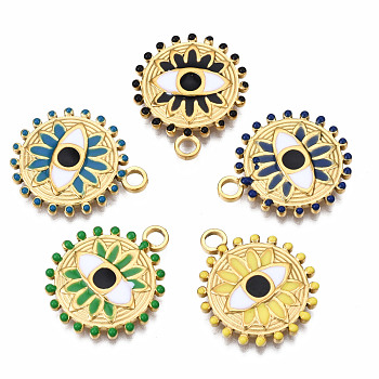 304 Stainless Steel Pendants, with Enamel, Flat Round with Eye, Golden, Mixed Color, 21.5x18x2.5mm, Hole: 2mm